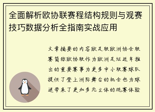 全面解析欧协联赛程结构规则与观赛技巧数据分析全指南实战应用