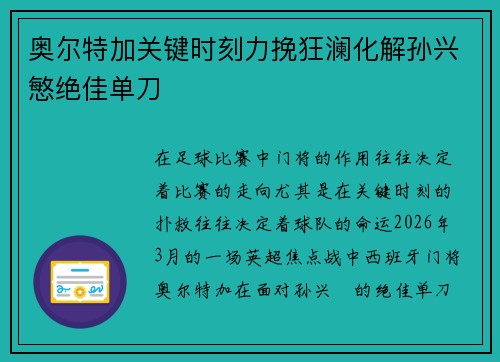 奥尔特加关键时刻力挽狂澜化解孙兴慜绝佳单刀