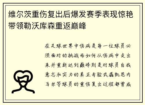 维尔茨重伤复出后爆发赛季表现惊艳带领勒沃库森重返巅峰 维尔茨重伤复出后爆发赛季表现惊艳带领勒沃库森重返巅峰